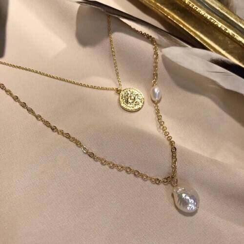 Gothic Coin Necklace with Natural Fresh-water Baroque Pearl, Retro Modern Double fold Original design Necklace for women gift