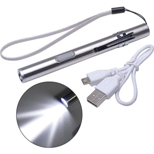 Rechargeable LED Flashlight Pen Lights Mini Stainless Steel Torch Light with USB Charging Cable Used for Camping Outdoor