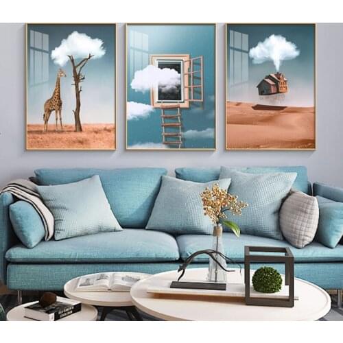 Giraffe Animal Child Poster Cartoon Cloud Floating House Wall Art Canvas Painting Baby Nursery Picture Nordic Kid Room Decor