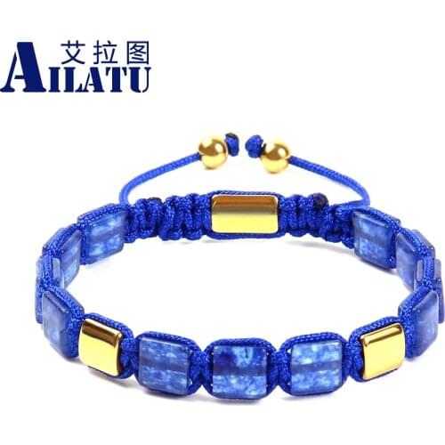 Ailatu 8x8mm Square Blue Quartz Stone Braided Bracelet Stainless Steel Jewelry Top Quality Free Logo Service