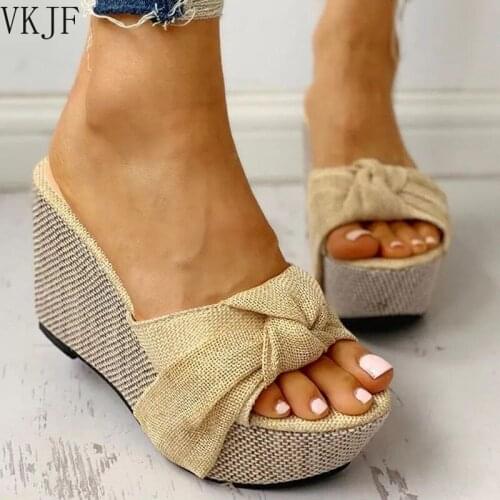 Bow Tied Slip on Leisure Platform Summer Sandals 2021 Wedges High Heels Women Shoes Woman Mules Flip Flops