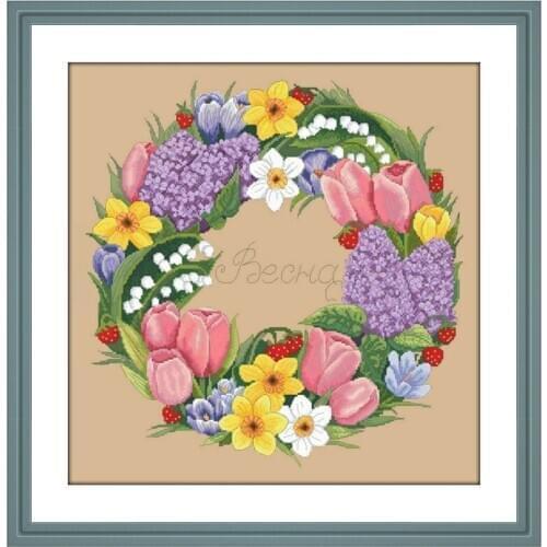 Spring wreath cross stitch kits flower aida fabric 18ct 14ct 11ct flaxen linen cotton thread embroidery kits DIY craft set