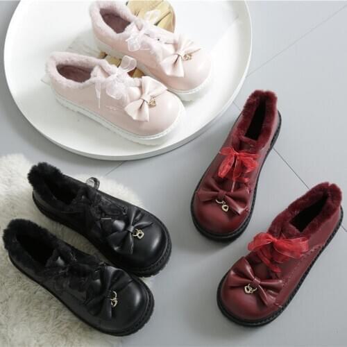 Japanese winter round head Lolita thick bottom flat platform shoes plus cashmere soft sister college cute sweet princess cos