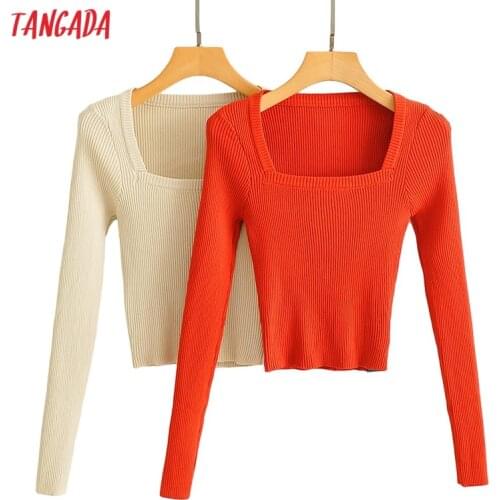 Tangada Women 2020 Fashion Elegant Square Collar Knitted Sweater jumper Slim Pullovers Chic Tops AI55