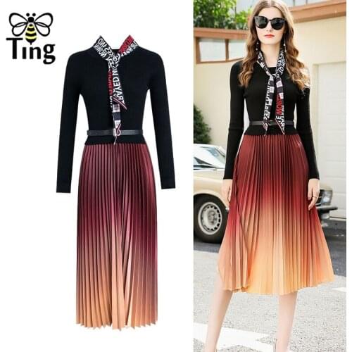 Tingfly Vintage Elegant Women Office Work Pleated Midi Long Dress Spring Autumn Knitting Street Chic Frocks for Women Vestidos