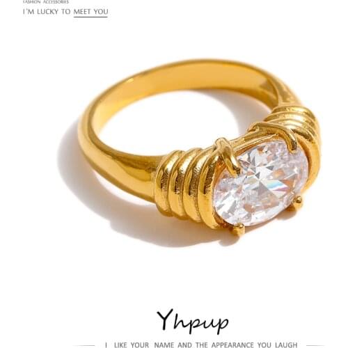 Yhpup Stainless Steel Waterproof Jewelry Ring High Quality Bling Cubic Zirconia Women Finger Engagement Ring Anniversary Gift