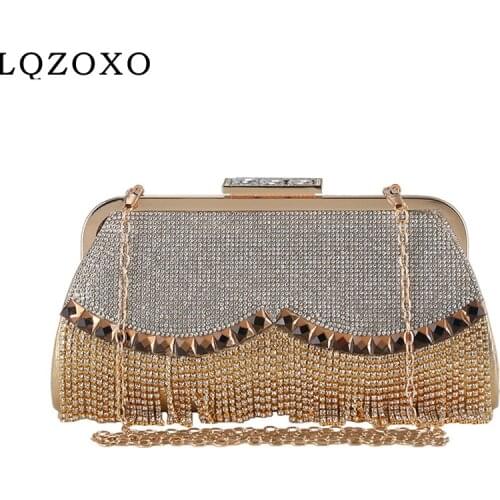 Banquet Gold Evening Bag Party Purse Chain Shoulder Bag Womens Wedding Clutch Bag Luxury Rhinestone Tassel Handbag