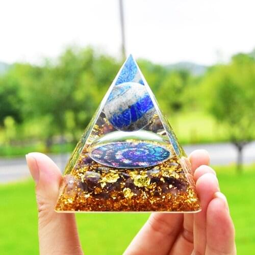 3D Rune Energy Amethyst Orgone Pyramid With Lapis Lazuli Crystal Beads Home Decoration Healing Resin Spiritual Orgonita