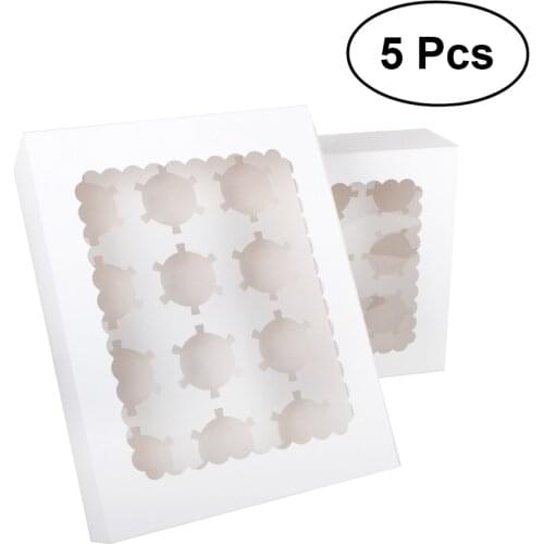 5pcs 12 Cavity Portable Cardboard Cupcake Boxes And Packaging Cup Cake Box With Window Container Muffin Box With Insert (White)