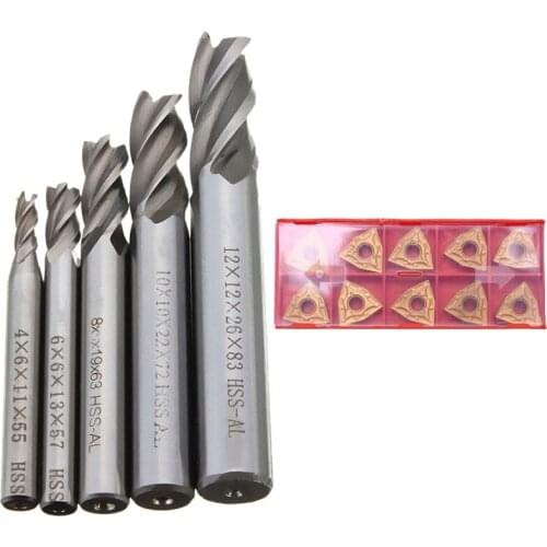 5Pcs/Set Straight Shank End Mill Cutter 4 Flute Hss Drill Bit 4/6/8/10/12mm & 10Pcs Wnmg080404 Carbide Inserts Blades Promotion