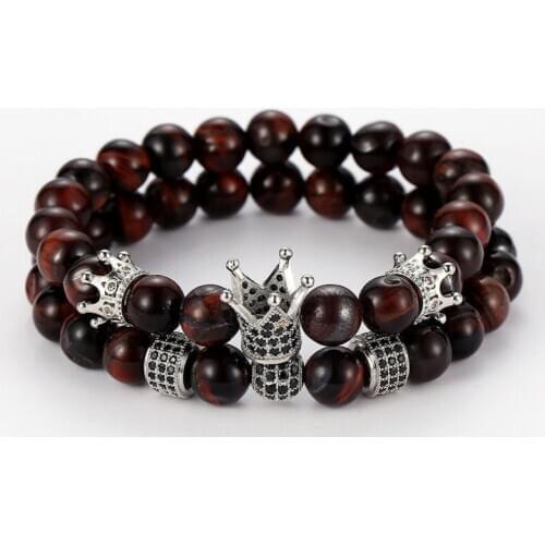 8mm 2PCS/Set iyi6 elastic adjusted nature red Tigereye bead micro pave cz zircon cubic zirconia Macrame Charm Crown Bracelet