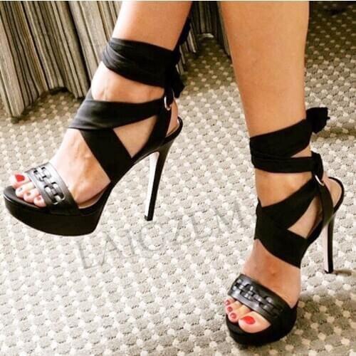 BERZIMER FASHION Women Sandals Open Toe Strappy Stiletto Sandalias Pumps Summer Zapatos Black Shoes Woman Large Size 44 45 47 52
