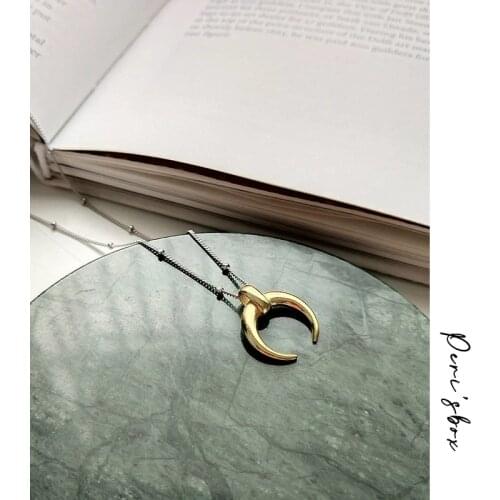 PerisBox Real 925 Sterling Sliver Crescent Moon Chokers Pendant Necklaces Beaded Chains Choker Double Horn Necklace For Women