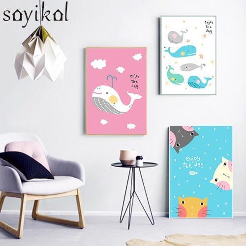 Baby Room Cat Whale Animal Nursery Posters and Prints Wall Art Canvas Painting Decorative Picture Nordic Style Kids Decoration
