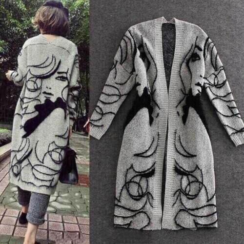 Women Autumn Winter Loose Long Sleeve Head Embroidery Knit Cardigan Sweater Coat Loose Sweaters For Women Cardigans