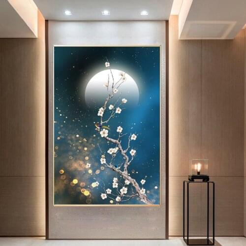 Plum Tree Blossom Bird and Moon Canvas Painting Flower Animal Poster and Prints Wall Art Picture for Living Room Home Decoration