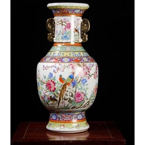 60CM Jingdezhen Imitation Of Qianlong Year Gold Pastel Flower And Bird Two Ears Vase Antique Living Room Decoration ceramic vase