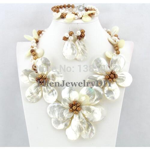 Fashion Pearl Necklace Bracelet Earrings Sets African Beads Bridal Jewelry Sets Pearl Jewelry Set Shell Necklace PL5026