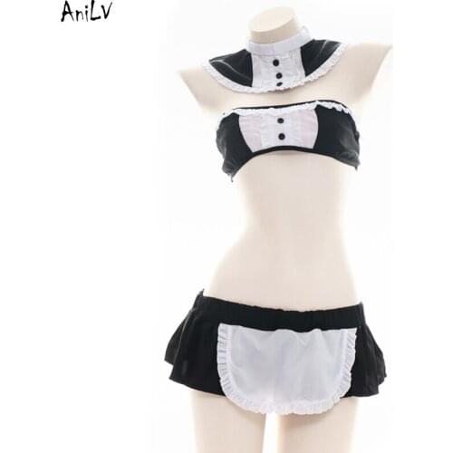 AniLV Lolita Girl Coffee Maid Swimsuit Costume Japanese Anime Cute Kawaii Swimwear Uniform Set Pool Party Cosplay