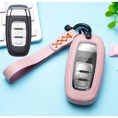 Leather key cover for Audi A4 A4L A5 S5 A6 Q5 SQ5 Fob 3 buttons car keychain set car holder car accessories new decoration
