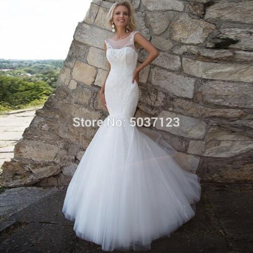 Lace Mermaid Wedding Dresses O Neck Cap Sleeves Sleeveless Lace Appliques Button Illusion Bridal Gown Vestido De Noiva Custom