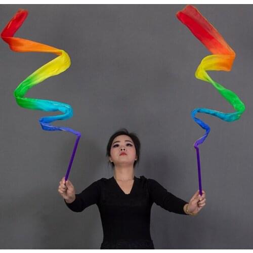 Kids Rainbow real Silk Ribbon Streamers Multicolor Stage Performance Dancing Props for Child Girls Belly Dance Accessory 2*0.2M