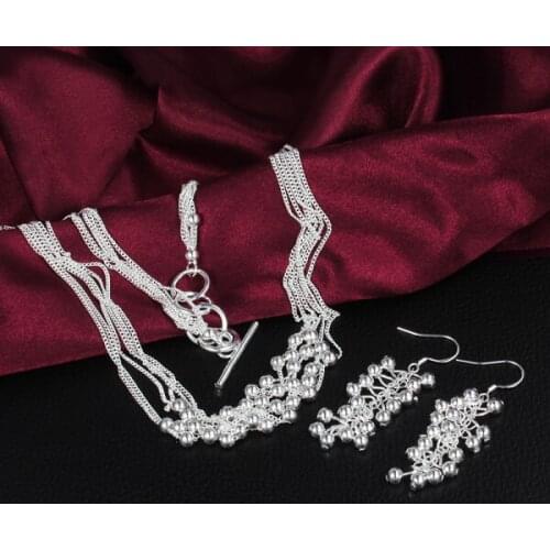 Hot new 925 sterling Silver Fine Multi-line tassel beads necklace earrings for woman Fashion Party wedding gifts Jewelry sets