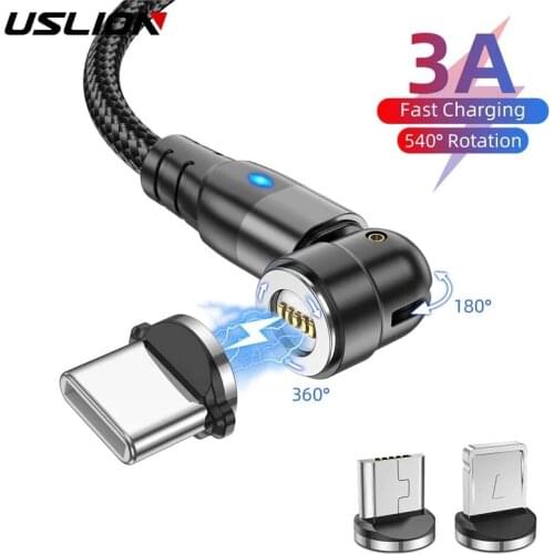 USLION 540 Rotate Magnetic Cable Fast Charging Mobile Phone Wire Cord Magnet Charger Micro USB Type C Cable For iPhone Xiaomi