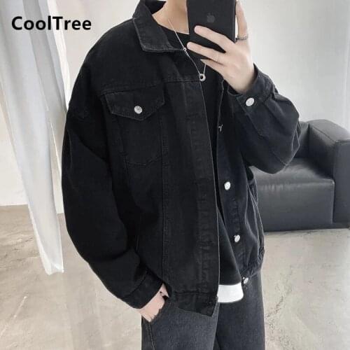 CoolTree Men Denim Jacket Spring Autumn Black Single-breasted Casual Jeans Coats Male Hip Hop Streetwear Loose Denim Outerwear