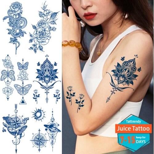 Natural Fruit Juice Tattoo Long Lasting Waterproof Temporary Tattoos Lotus Flower Butterfly Snake Rose Peony Sexy Tatoo Fake