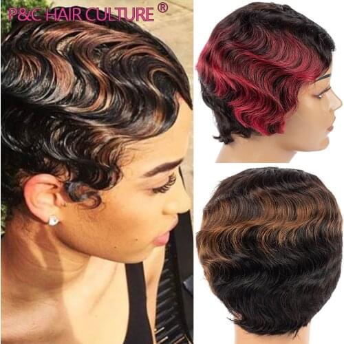 Ombre Pixie Cut Wig Synthetic Human Hair Blend Finger Wave Wigs For Women Vintage Retro Short Curly Wig High Quality Perruque