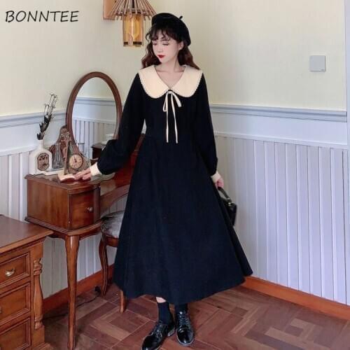 Dresses Women Peter Pan Collar Spring-autumn Full Sleeve Elegant Korean Style Female Fashion Simple Patchwork Sweet Loose Cozy