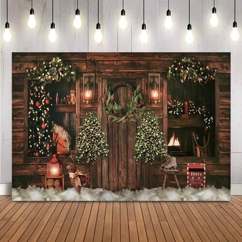 Christmas rustic wood backdrop for photography Christmas tree Trojan Vintage light photo booth background Christmas photocall