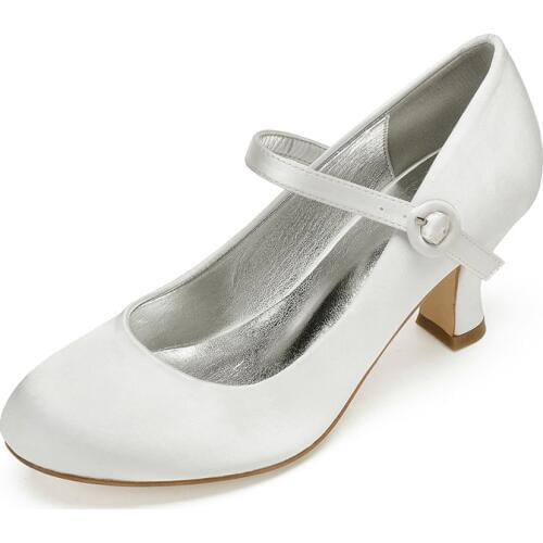 Mid Heels Satin Women Wedding Shoes for Bride Round Toe Ankle Buckle Strap Heeled Formal Party Ladies Dress Pumps