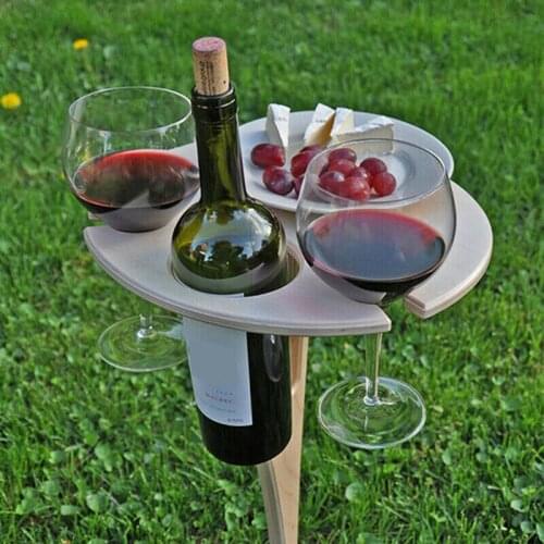 Outdoor Wine Table With Foldable Round Desktop Mini Wooden Picnic Table Easy To Carry Wine Rack