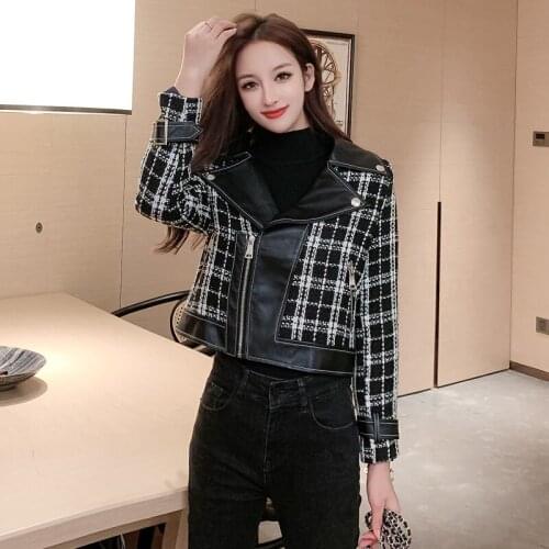 Wenfly Women PU Leather Plaid Turn-down Collar Zipper Korean Loose Coat Jacket Female Tide Punk Streetwear Short Outerwear