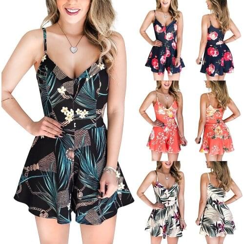 Womens Summer Floral Printed Jumpsuit Mini Vintage Boho Bohemian Beach Short Playsuit Ladies Summer Casual Sundress Romper