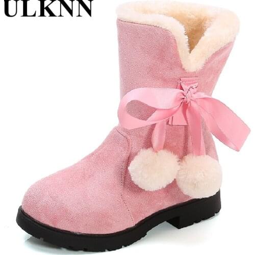 ULKNN Girl Winter Snow Boots Children Shoes Plush Cotton Kids Bow Princess Shoes Of Girl Baby Todder Fashion Boots Mids-calf New