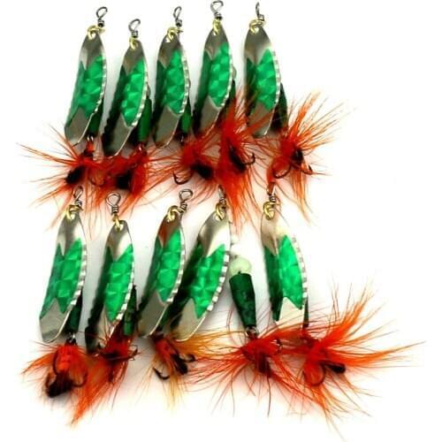 10Pcs Hot Spinner Bait Spoon Fishing Lures Hard Bait Fishing Tackle Metal Isca Artificial Sequins Feather Fishing Hooks