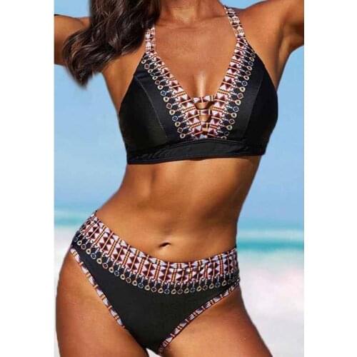 2021 Sexy Vintage Print Bikini Women V-Neck Bikini Set Swimsuit Swimwear Bathing Suits Bandage Beach Wear Summer Biquini