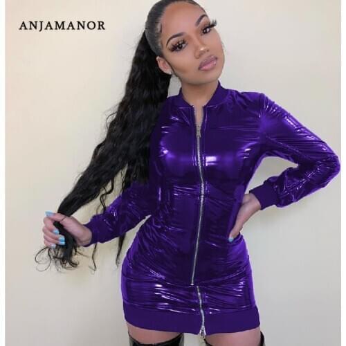ANJAMANOR Sexy Latex Leather Dresses for Women Party Club Wear Zip Up Long Sleeve Bodycon Mini Dress Purple Red Black D46-DI36
