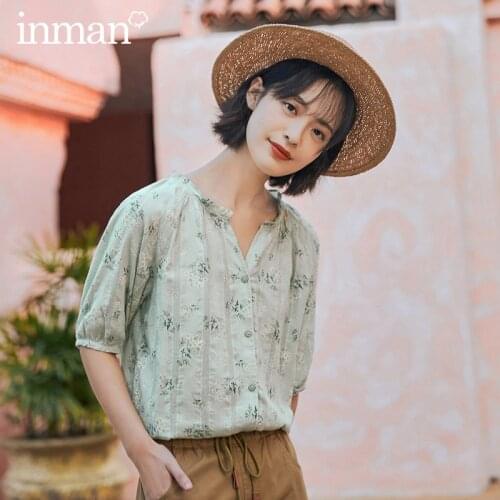 INMAN Summer Pure Button Up Cotton Shirt Elegant Women Tops Ladies Nothced V-neck Shivering Stringy Selvedge Half Sleeve Blouse