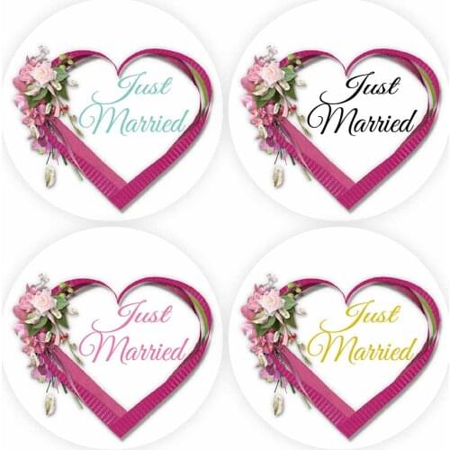 DouxArt 100 Pieces Just Married Stickers, 40mm Heart Flowers Wedding Party Decoration, Marriage Handmade Communion Labels