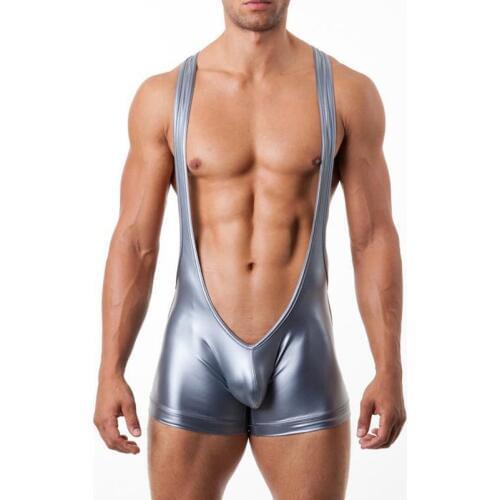 Exotic Gay Bodysuits Catsuit PU Leather Undershirt Wrestling Singlet One Piece Sexy Jumpsuit Latex Suspender Undershirt Clubwear
