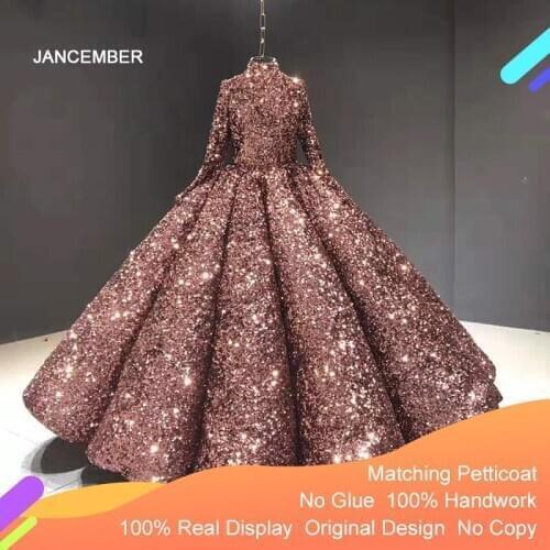 J66991 Jancember Sequined Shining Quinceanera Dresses 2020 High Neck Ball Gowns Sequined Long Sleeve