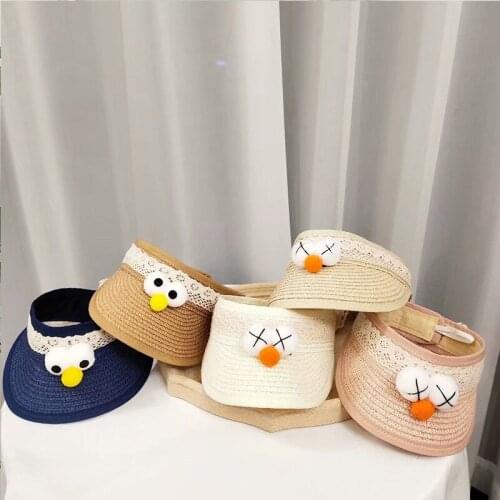 2021 summer boys and girls new cartoon eyes straw hat baby outdoor leisure fashion breathable lace sunscreen empty top hat