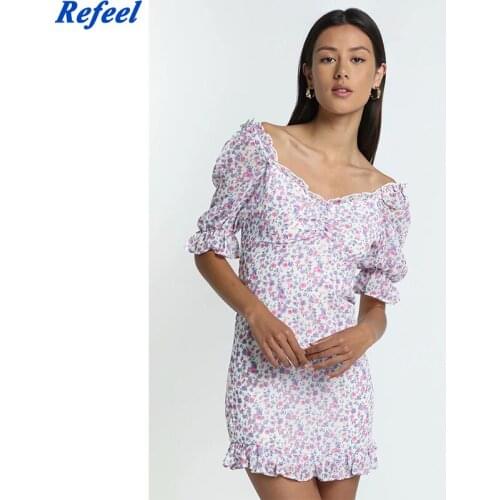 Summer women mini dress slim floral print short sleeves ruched lining spring beach short dresses ladies