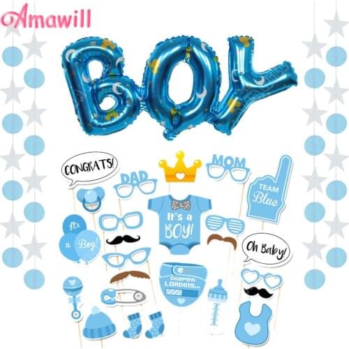 Gender Reveal Decorations Baby Shower Newborn Boy Girl Photo Props Baby Foil Balloon Paper Garland Birthday Party Decor Kids