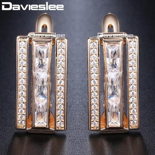 Davieslee Stud Earrings For Women Rectangle Paved Cubic Zirconia 585 Rose Gold Filled Womens Earring Fashion Jewelry Gift DGE130