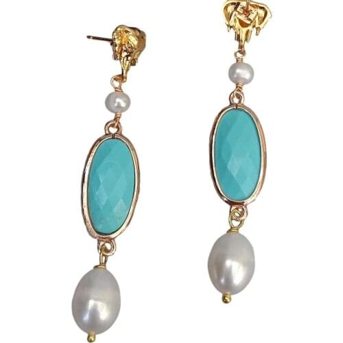 Y·YING Cultured White Pearl Bezel Set Blue Crystal Animal Gold Color Plated Stud Earrings